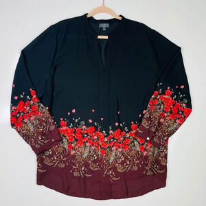 The Limited Floral Multicolor Long Sleeve‎ V-neck Popover Top, Size 2X